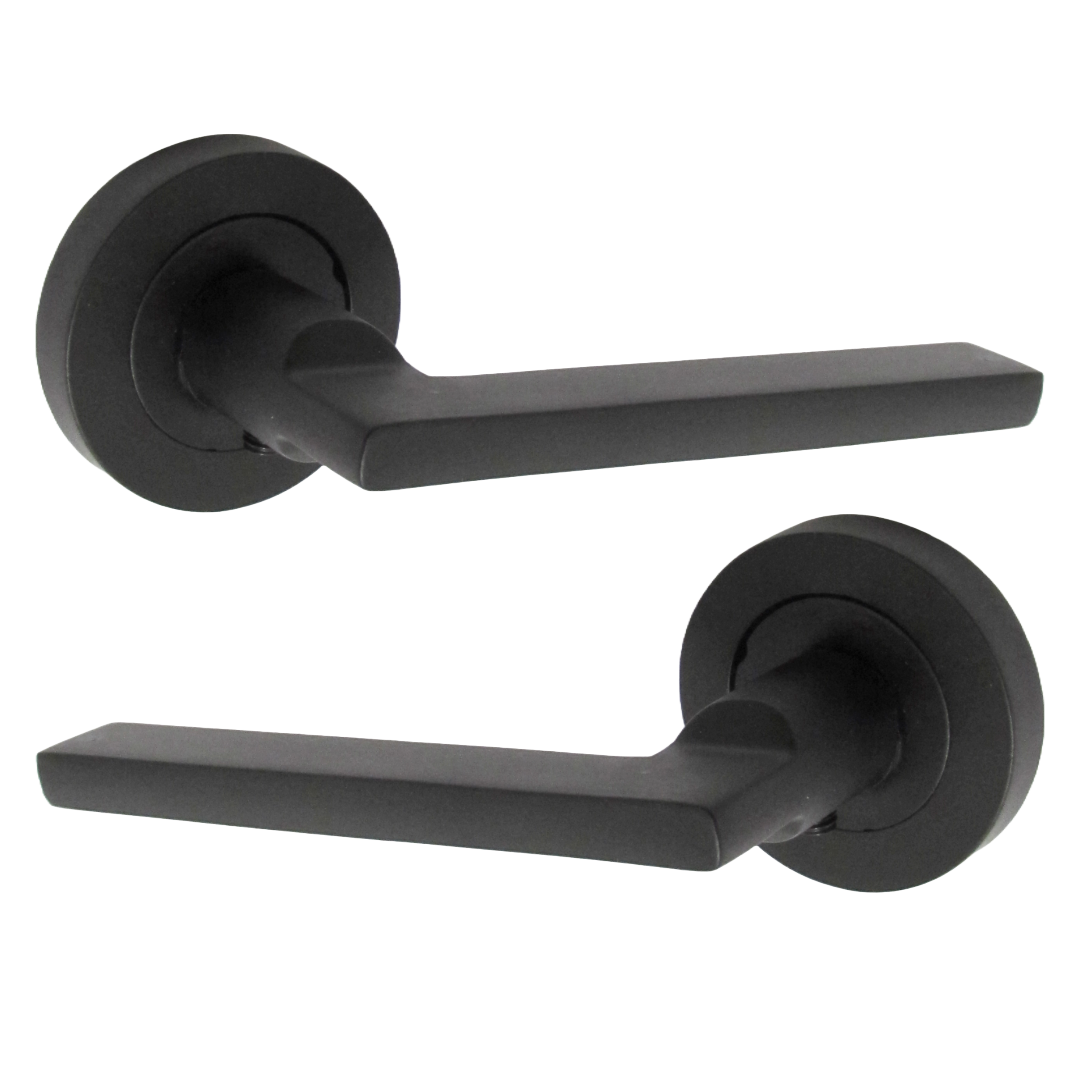 Matt Black Modern Lever on Round Rose Door Handles - 115mm handle with 52mm rose