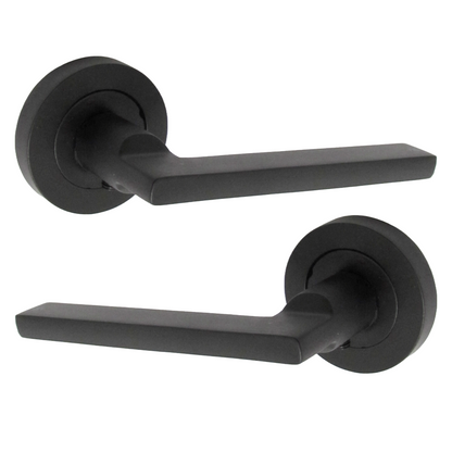 Matt Black Modern Lever on Round Rose Door Handles - 115mm handle with 52mm rose