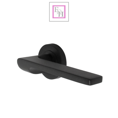 Modern Matt Black Lever on Rose Plate Door Handle Set with Tubular Latch – 1 Pairs, 52mm Round Rose Plate & 127mm Lever Handle – Contemporary Interior Door Hardware