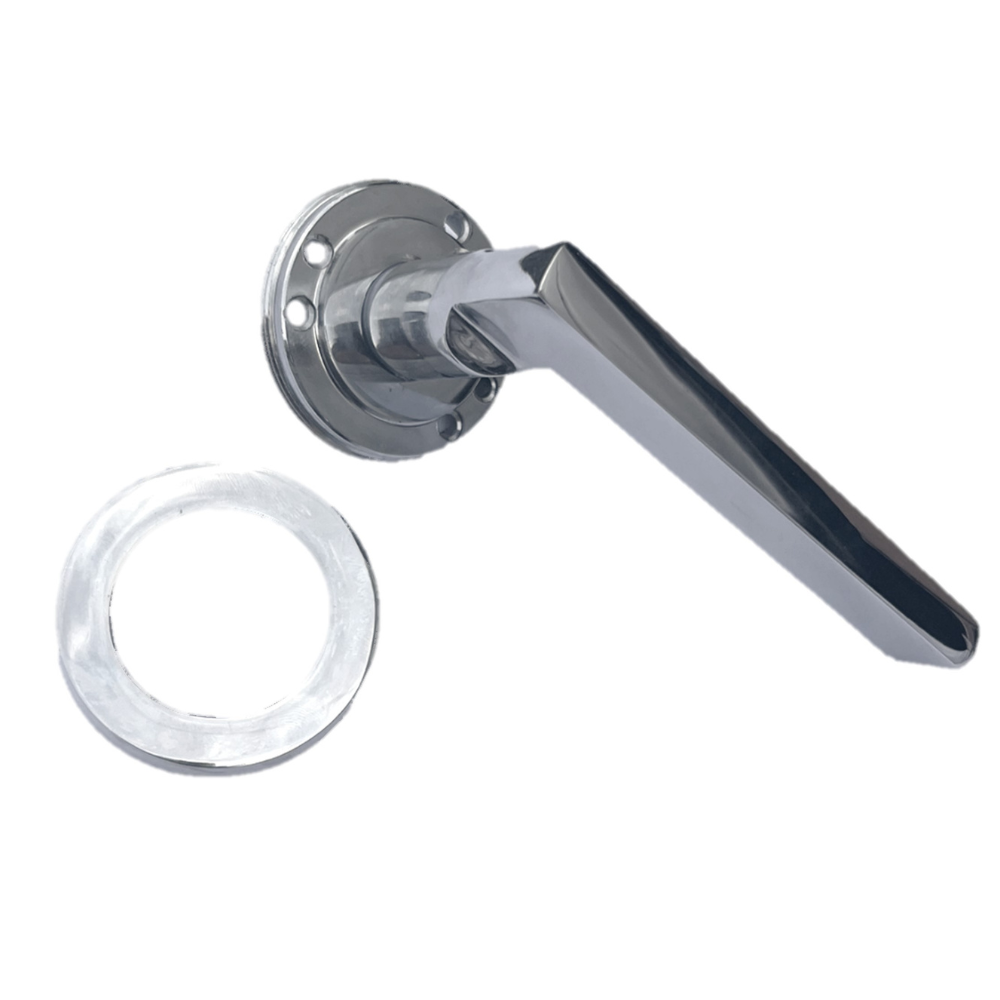Polished Chrome Modern Lever on Round Rose Door Handles - 115mm handle with 52mm rose