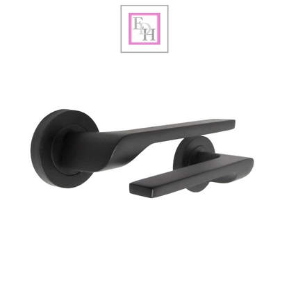 Modern Matt Black Lever on Rose Plate Door Handle Set with Tubular Latch – 1 Pairs, 52mm Round Rose Plate & 127mm Lever Handle – Contemporary Interior Door Hardware