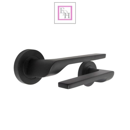 Modern Matt Black Lever on Rose Plate Door Handle Set with Tubular Latch – 1 Pairs, 52mm Round Rose Plate & 127mm Lever Handle – Contemporary Interior Door Hardware