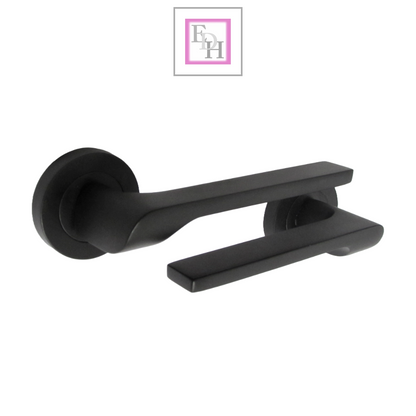 Modern Matt Black Lever on Rose Plate Door Handle Set with Tubular Latch – 1 Pairs, 52mm Round Rose Plate & 127mm Lever Handle – Contemporary Interior Door Hardware