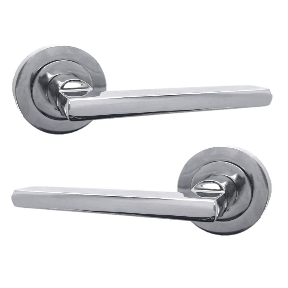 Polished Chrome Modern Lever on Round Rose Door Handles - 115mm handle with 52mm rose