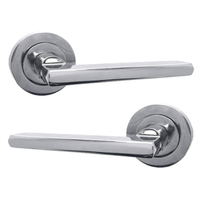 Polished Chrome Modern Lever on Round Rose Door Handles - 115mm handle with 52mm rose