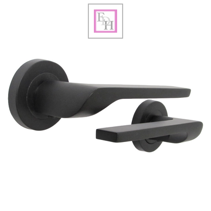 Modern Matt Black Lever on Rose Plate Door Handle Set with Tubular Latch – 1 Pairs, 52mm Round Rose Plate & 127mm Lever Handle – Contemporary Interior Door Hardware