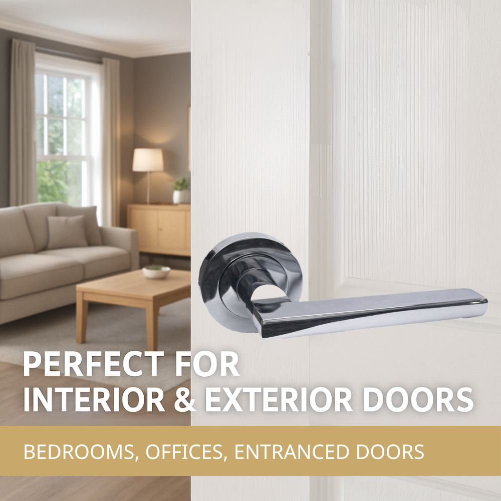Polished Chrome Modern Lever on Round Rose Door Handles - 115mm handle with 52mm rose