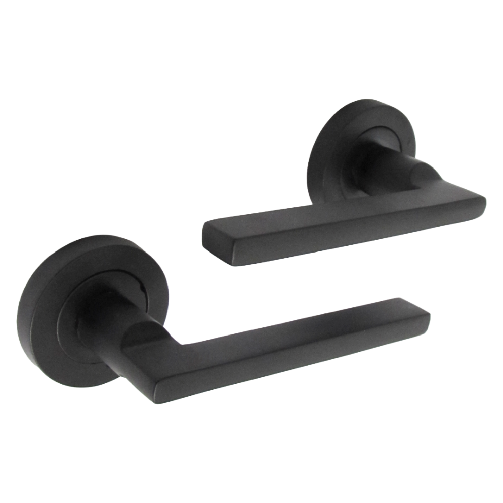 Matt Black Modern Lever on Round Rose Door Handles - 115mm handle with 52mm rose
