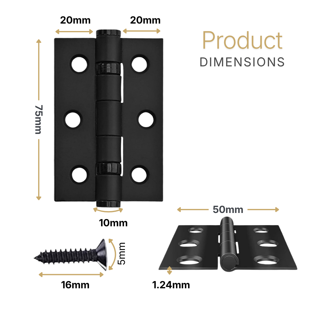 Matt Black Ball Bearing Door Hinge | Heavy Duty Stainless Steel Internal Butt Hinge | Smooth Silent Operation | 75mm x 50mm