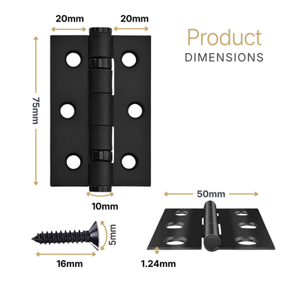 Matt Black Ball Bearing Door Hinge | Heavy Duty Stainless Steel Internal Butt Hinge | Smooth Silent Operation | 75mm x 50mm