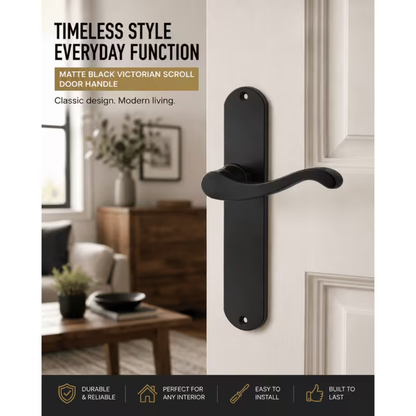 Matt Black Cadenza Victorian Scroll Lever Latch Set with Tubular Latch - 178mm x 38mm