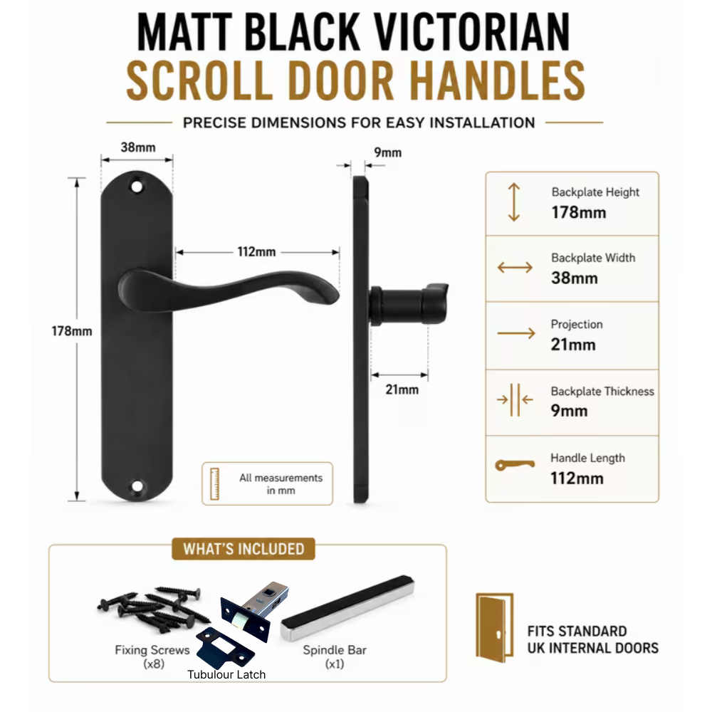 Matt Black Cadenza Victorian Scroll Door Handles Lever Latch 178x38mm - 35mm x 16mm