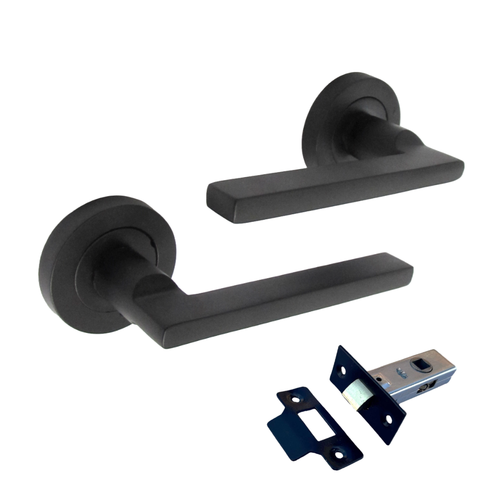 Matt Black Modern Lever on Round Rose Door Handles - 115mm handle with 52mm rose