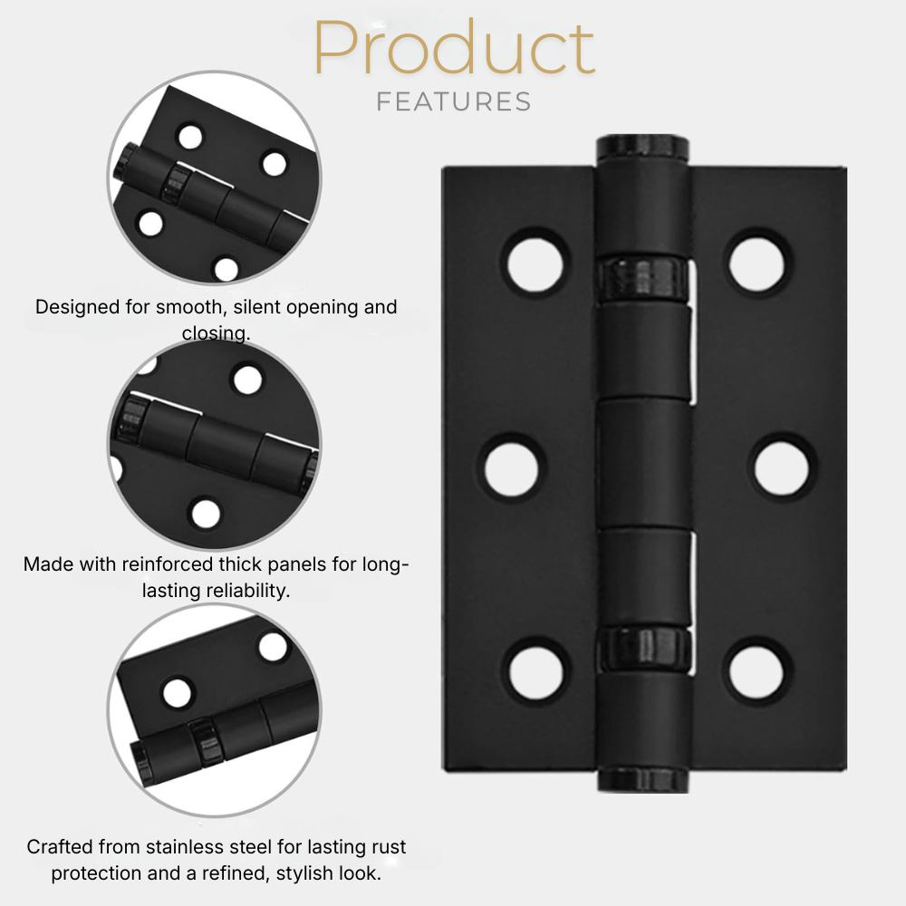 Matt Black Ball Bearing Door Hinge | Heavy Duty Stainless Steel Internal Butt Hinge | Smooth Silent Operation | 75mm x 50mm