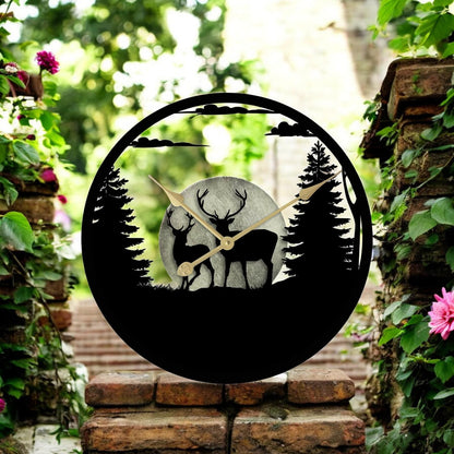 Stags in Forest Silhouette Wall Clock – Large Metal Decorative Indoor & Outdoor Clock for Garden, Living Room and Patio