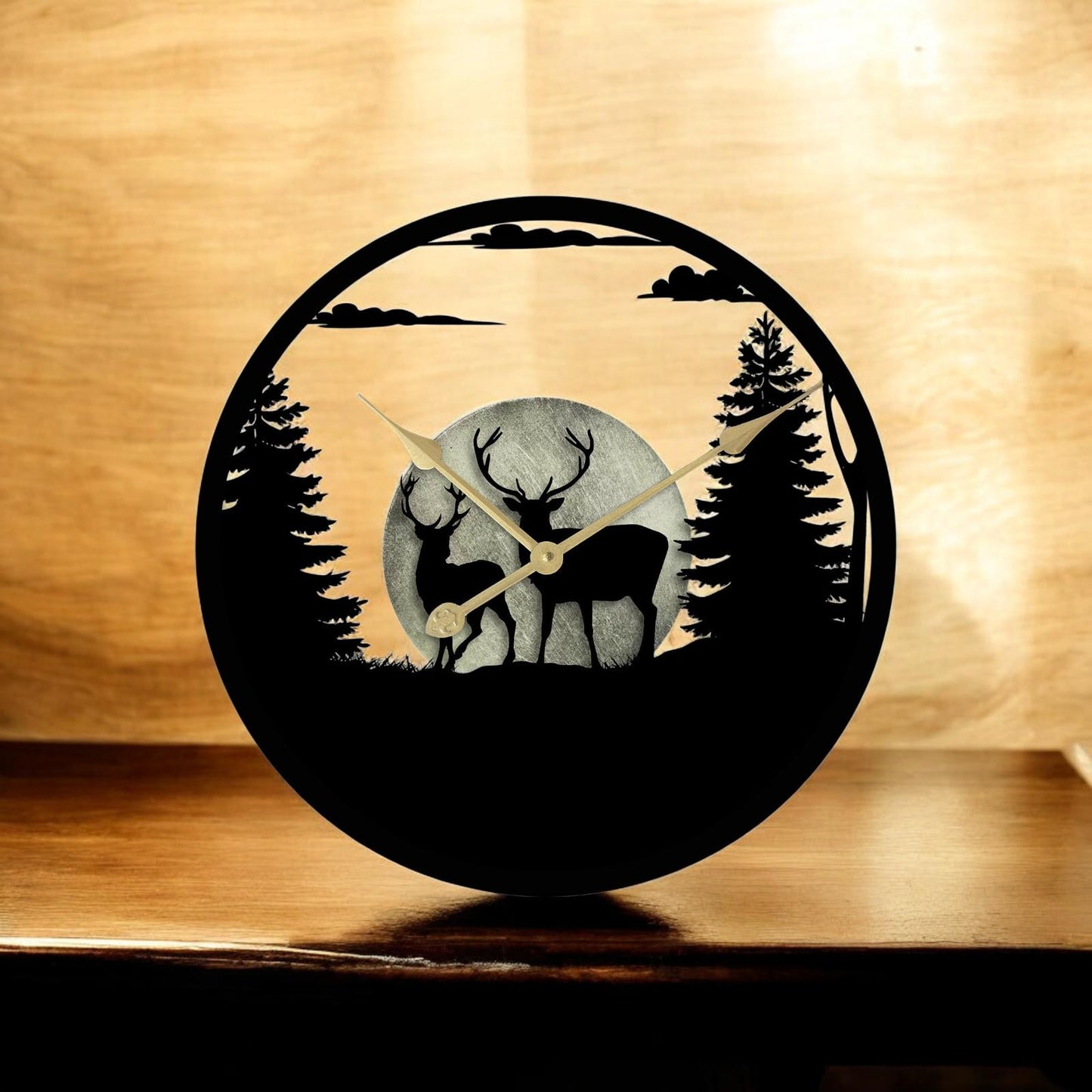 Stags in Forest Silhouette Wall Clock – Large Metal Decorative Indoor & Outdoor Clock for Garden, Living Room and Patio