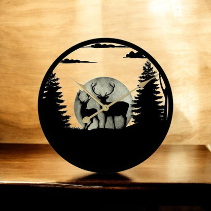 Stags in Forest Silhouette Wall Clock – Large Metal Decorative Indoor & Outdoor Clock for Garden, Living Room and Patio