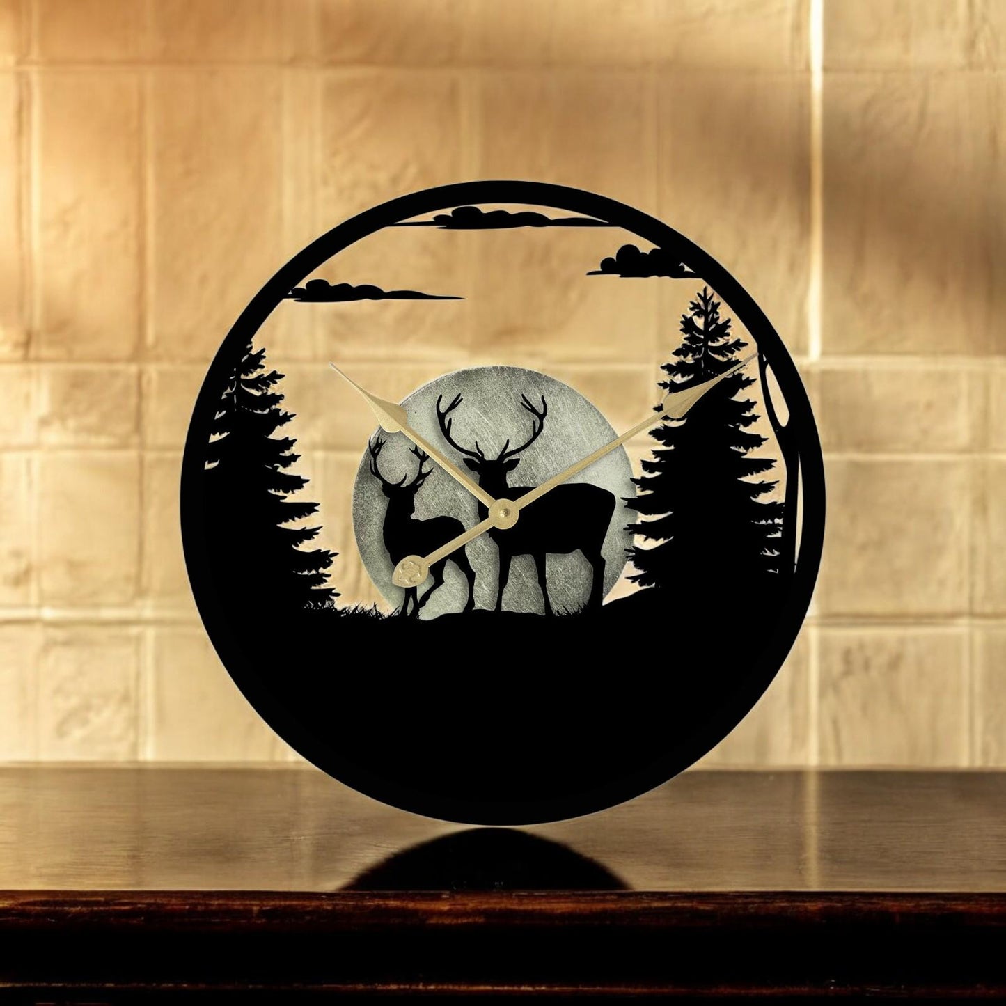 Stags in Forest Silhouette Wall Clock – Large Metal Decorative Indoor & Outdoor Clock for Garden, Living Room and Patio