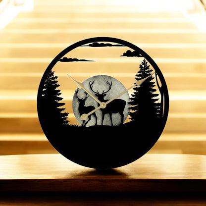 Stags in Forest Silhouette Wall Clock – Large Metal Decorative Indoor & Outdoor Clock for Garden, Living Room and Patio