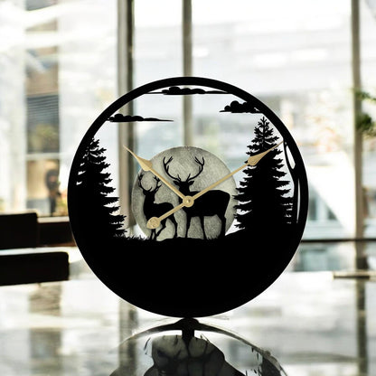 Stags in Forest Silhouette Wall Clock – Large Metal Decorative Indoor & Outdoor Clock for Garden, Living Room and Patio