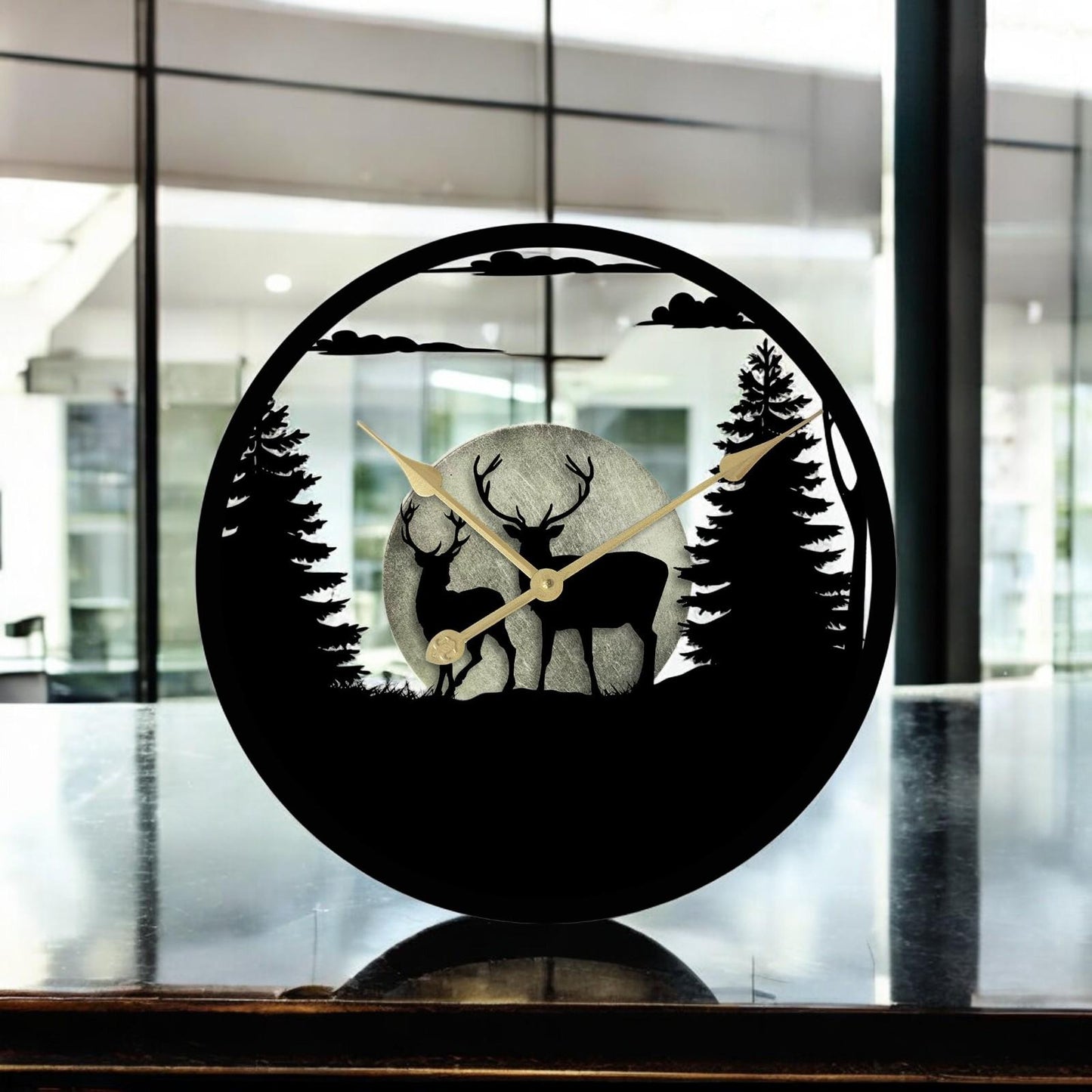 Stags in Forest Silhouette Wall Clock – Large Metal Decorative Indoor & Outdoor Clock for Garden, Living Room and Patio