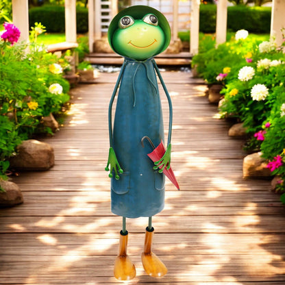 Tall Metal Blue Soggy Froggy (46cm x 18cm x 14cm) – Quirky Handcrafted Frog Garden Ornament – Metal Frog Statue for Outdoor