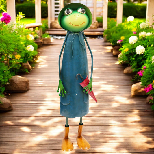 Tall Metal Blue Soggy Froggy (46cm x 18cm x 14cm) – Quirky Handcrafted Frog Garden Ornament – Metal Frog Statue for Outdoor