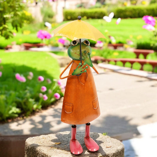 Metal Orange Soggy Froggy (40.5cm x 15cm x 14cm) – Quirky Handcrafted Frog Garden Ornament – Weather-Resistant Metal Frog Statue for Outdoor
