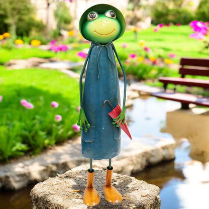 Tall Metal Blue Soggy Froggy (46cm x 18cm x 14cm) – Quirky Handcrafted Frog Garden Ornament – Metal Frog Statue for Outdoor