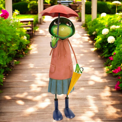 Tall Metal Pink Soggy Froggy (46cm x 18cm x 14cm) – Quirky Handcrafted Frog Garden Ornament – Metal Frog Statue for Outdoor