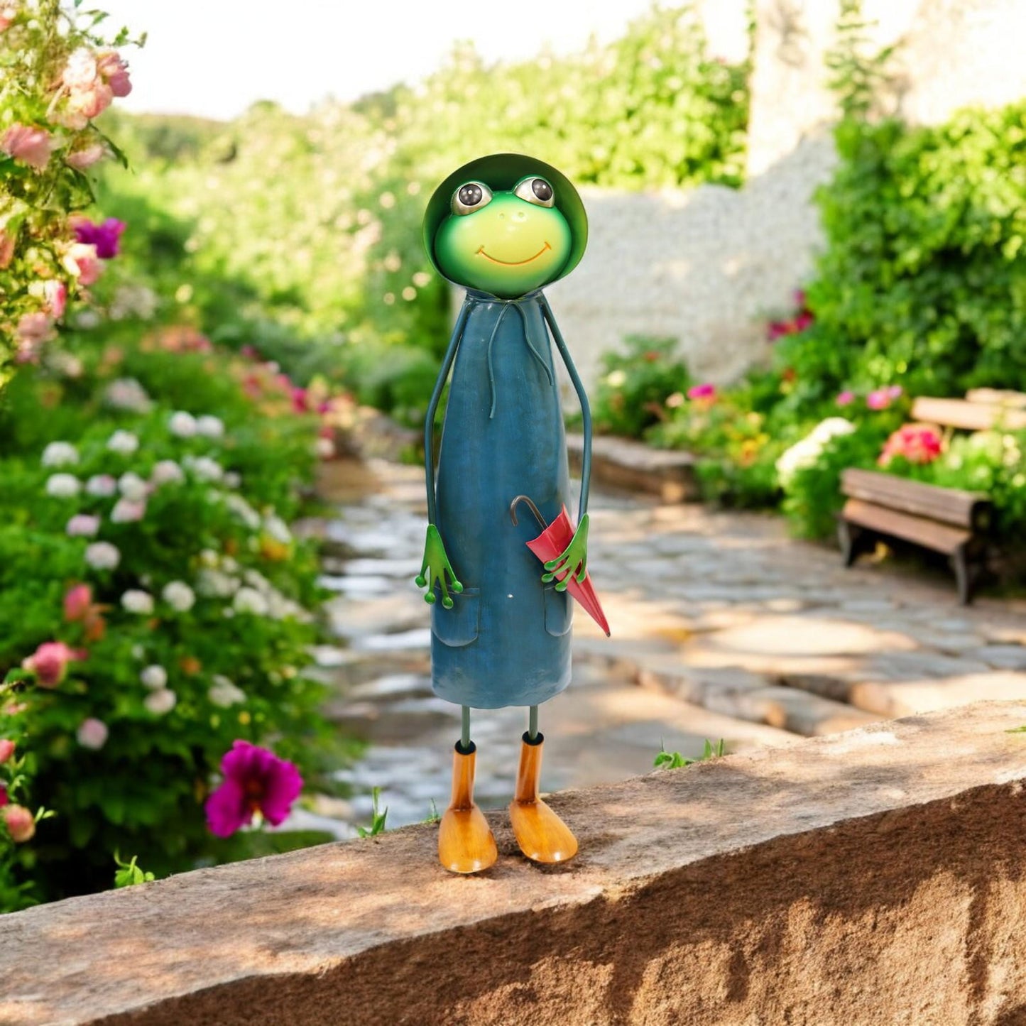 Tall Metal Blue Soggy Froggy (46cm x 18cm x 14cm) – Quirky Handcrafted Frog Garden Ornament – Metal Frog Statue for Outdoor