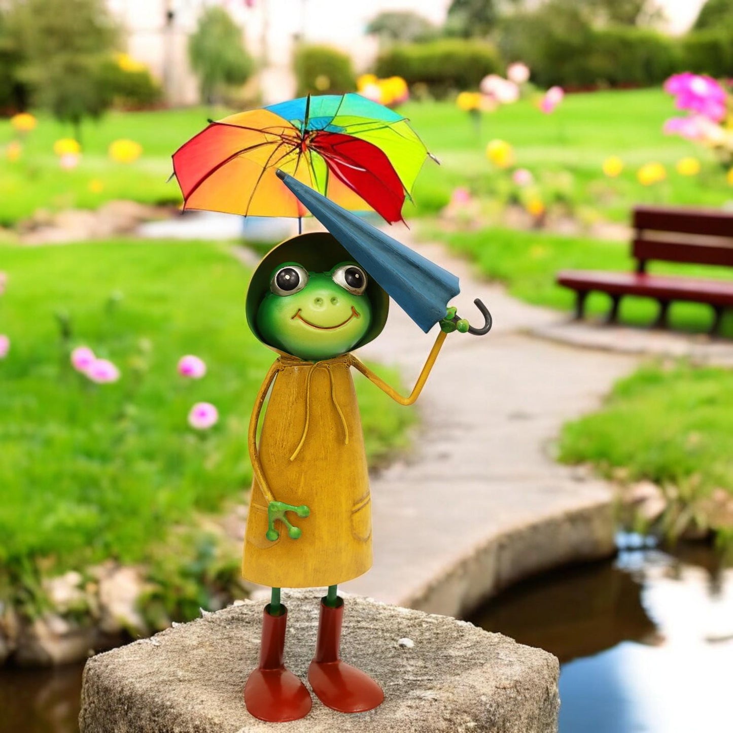 Small Metal Yellow Soggy Froggy (28.5cm x 12.5cm x 7cm) – Quirky Handcrafted Frog Garden Ornament –  Metal Frog Statue for Outdoor
