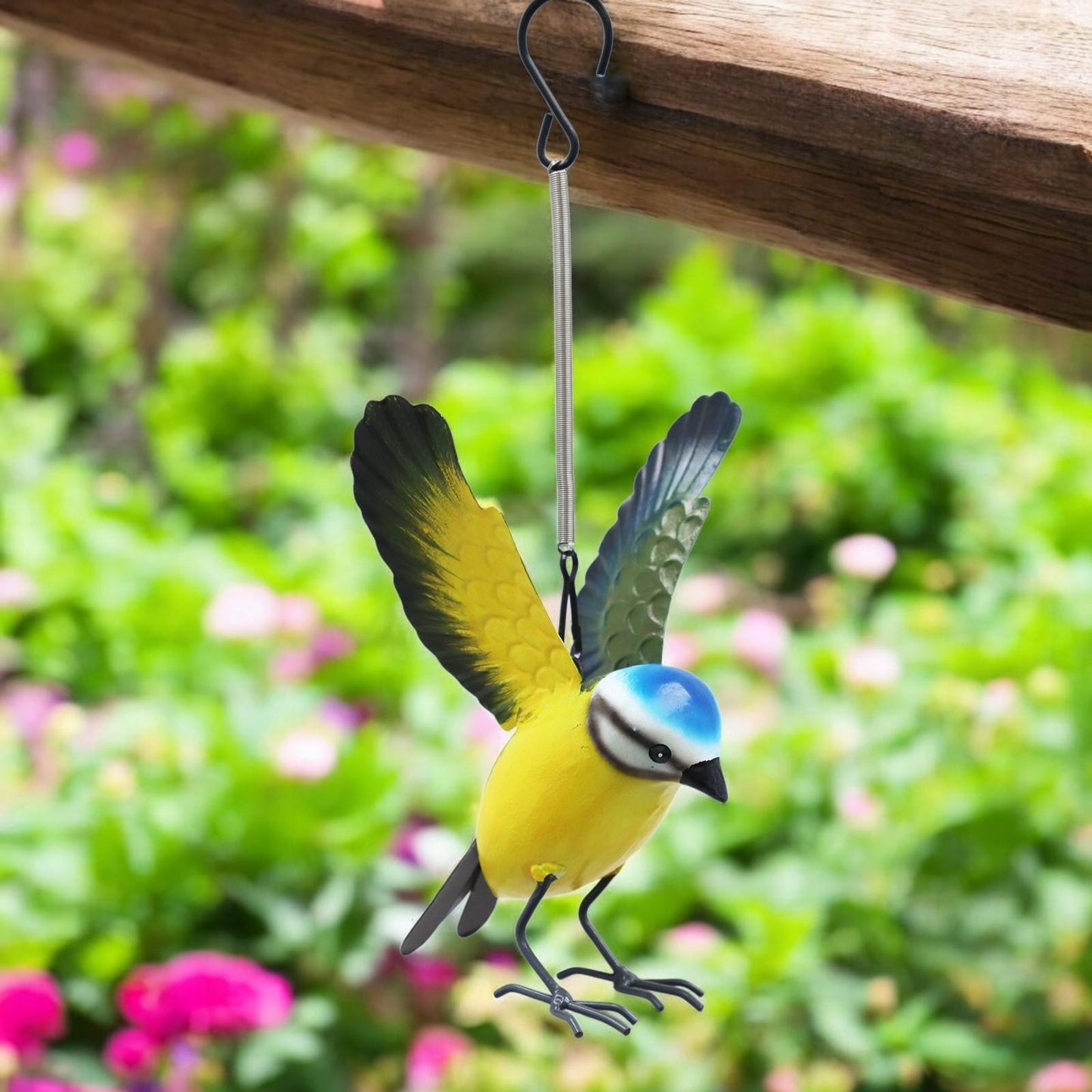 Small Metal Hanging Blue Tit(14cm x 10cm x 10cm)– Handcrafted Weather-Resistant Bird Ornament –Decorative Hanging Robin Garden Sculpture