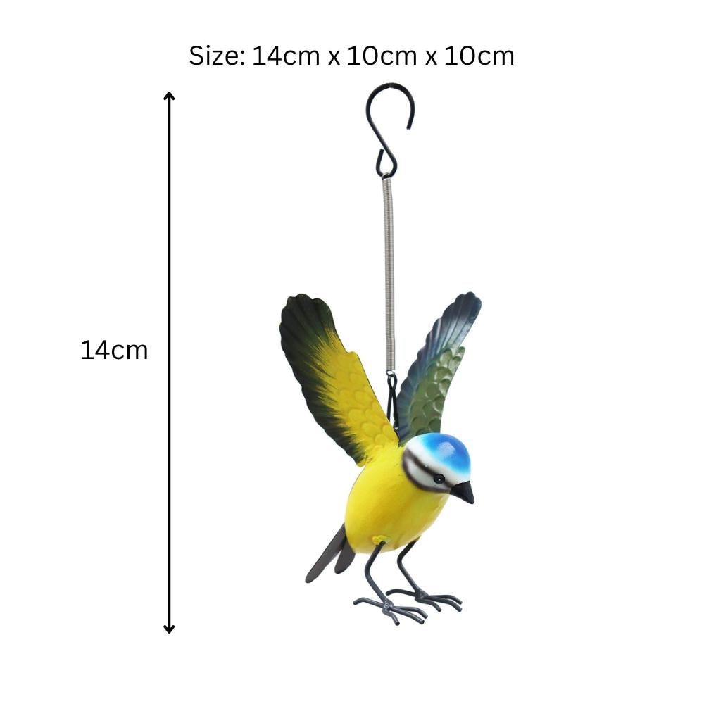 Small Metal Hanging Blue Tit(14cm x 10cm x 10cm)– Handcrafted Weather-Resistant Bird Ornament –Decorative Hanging Robin Garden Sculpture