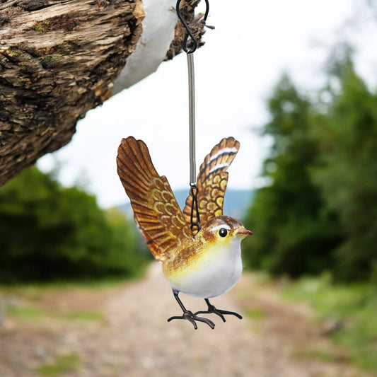 Small Metal Hanging Wren(14cm x 10cm x 10cm) – Handcrafted Weather-Resistant Bird Ornament – Decorative Hanging Robin Sculpture for Garden