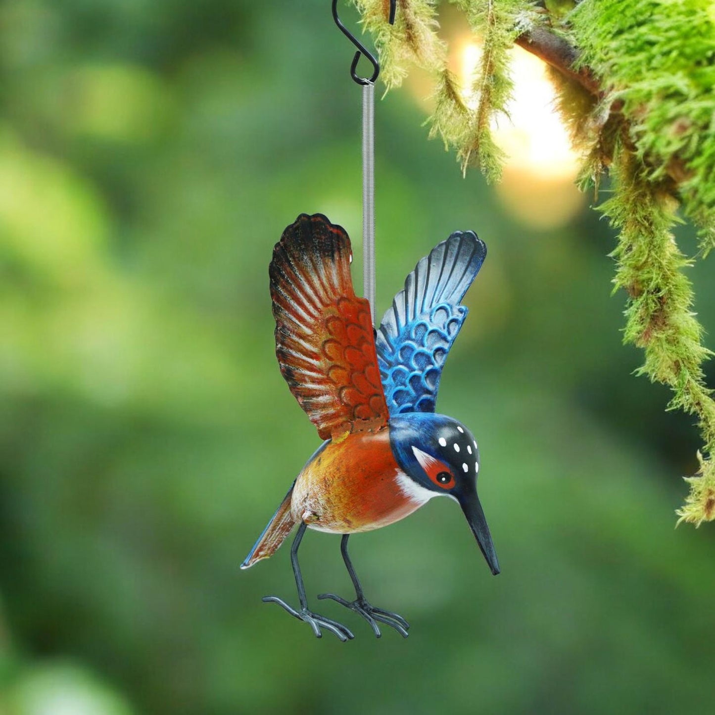 Small Metal Hanging Kingfisher(14cm x 10cm x 10cm) – Handcrafted Weather-Resistant Bird Ornament –Decorative Hanging Robin Garden Sculpture