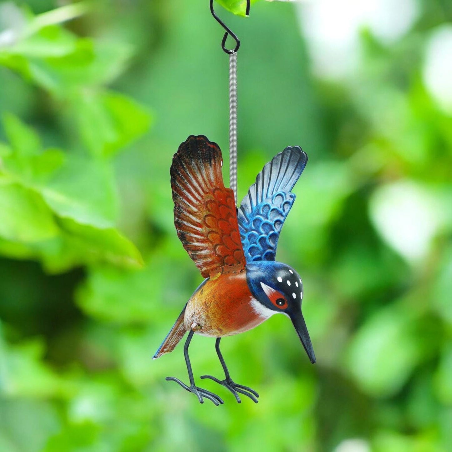 Small Metal Hanging Kingfisher(14cm x 10cm x 10cm) – Handcrafted Weather-Resistant Bird Ornament –Decorative Hanging Robin Garden Sculpture