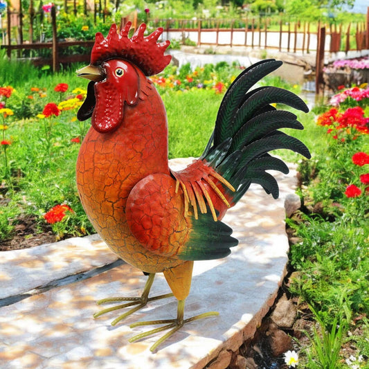Large Metal Red Cockerel (44cm x 16cm x 36cm) – Handcrafted Rustic Rooster Garden Ornament  Farmyard Statue