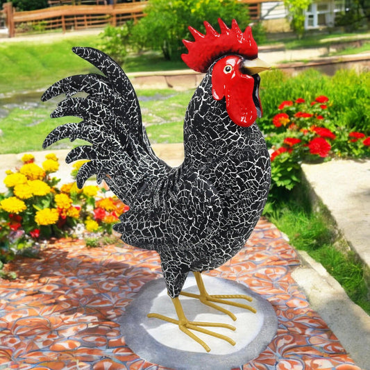 Large Metal Black Cockerel (44cm x 16cm x 36cm) – Handcrafted Rustic Rooster Garden Ornament Farmyard Statue
