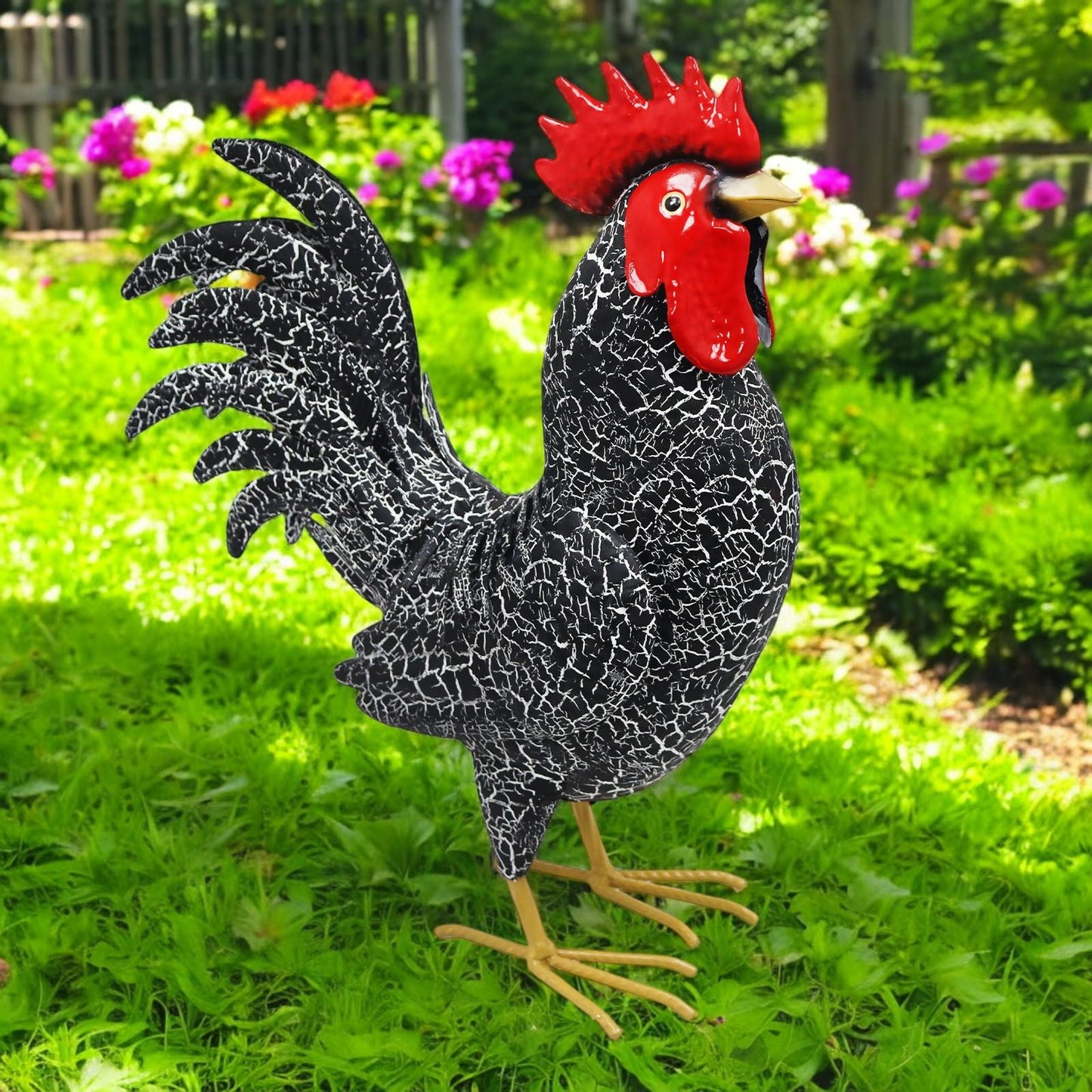 Large Metal Black Cockerel (44cm x 16cm x 36cm) – Handcrafted Rustic Rooster Garden Ornament Farmyard Statue