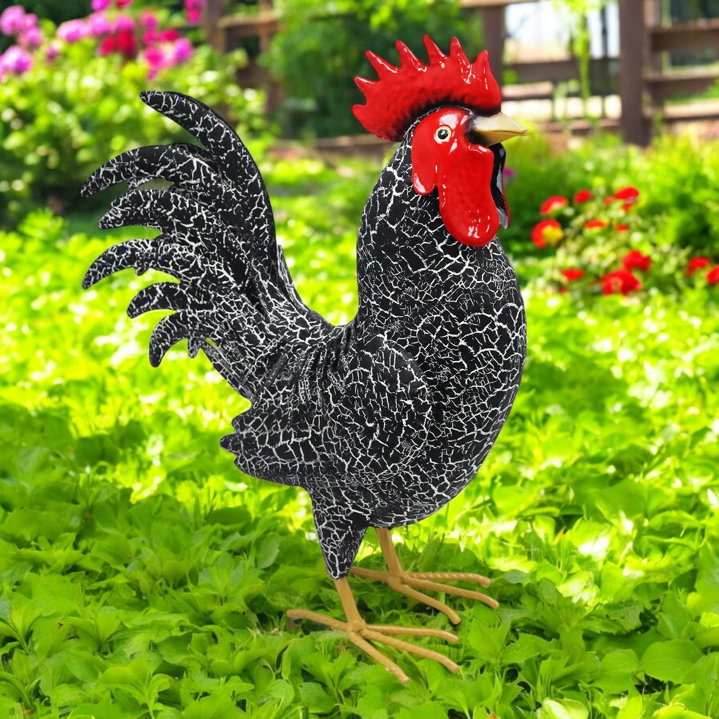 Large Metal Black Cockerel (44cm x 16cm x 36cm) – Handcrafted Rustic Rooster Garden Ornament Farmyard Statue