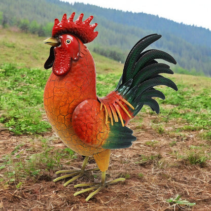 Large Metal Red Cockerel (44cm x 16cm x 36cm) – Handcrafted Rustic Rooster Garden Ornament  Farmyard Statue
