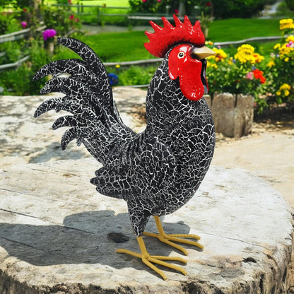 Large Metal Black Cockerel (44cm x 16cm x 36cm) – Handcrafted Rustic Rooster Garden Ornament Farmyard Statue