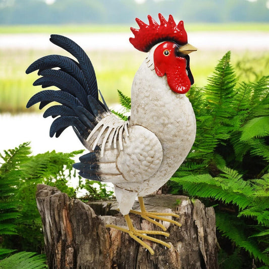 Metal White Cockerel (44cm x 16cm x 36cm) – Handcrafted Rustic Rooster Garden Ornament Farmyard Statue