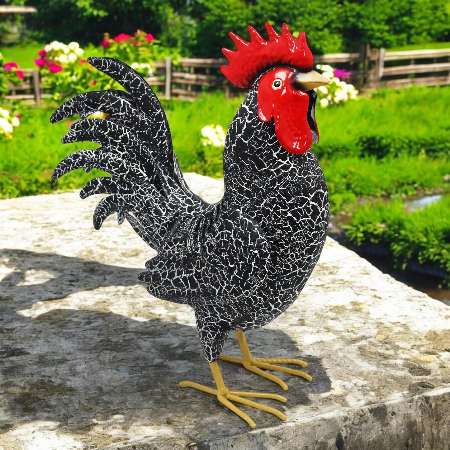 Large Metal Black Cockerel (44cm x 16cm x 36cm) – Handcrafted Rustic Rooster Garden Ornament Farmyard Statue