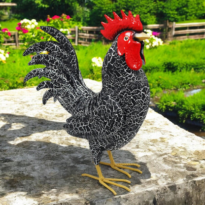 Large Metal Black Cockerel (44cm x 16cm x 36cm) – Handcrafted Rustic Rooster Garden Ornament Farmyard Statue