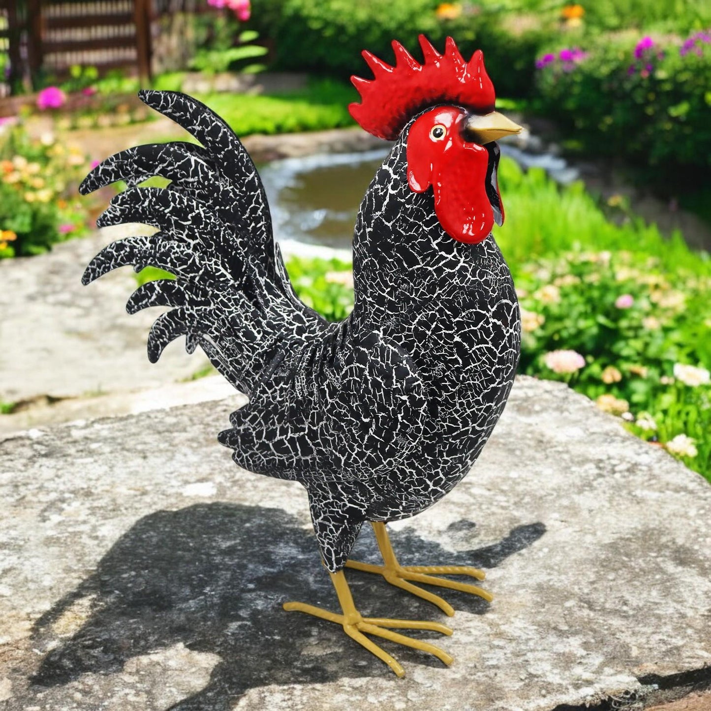 Large Metal Black Cockerel (44cm x 16cm x 36cm) – Handcrafted Rustic Rooster Garden Ornament Farmyard Statue
