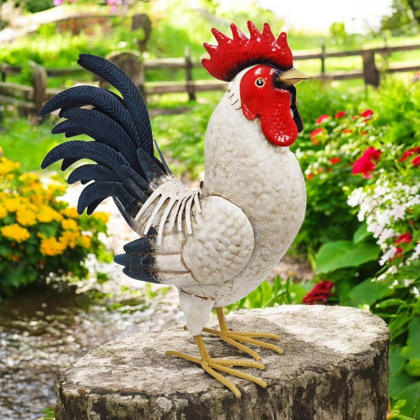 Metal White Cockerel (44cm x 16cm x 36cm) – Handcrafted Rustic Rooster Garden Ornament Farmyard Statue
