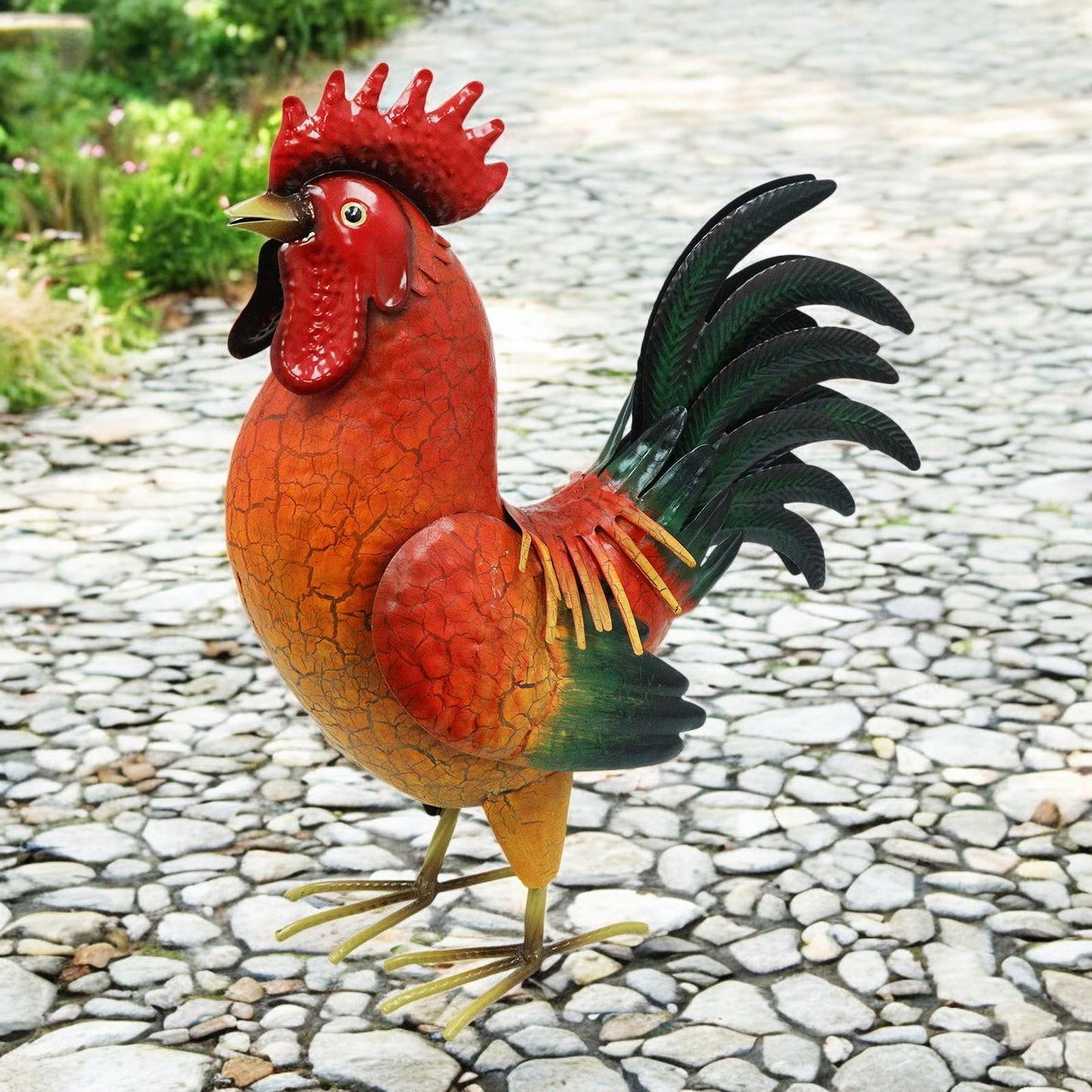 Large Metal Red Cockerel (44cm x 16cm x 36cm) – Handcrafted Rustic Rooster Garden Ornament  Farmyard Statue