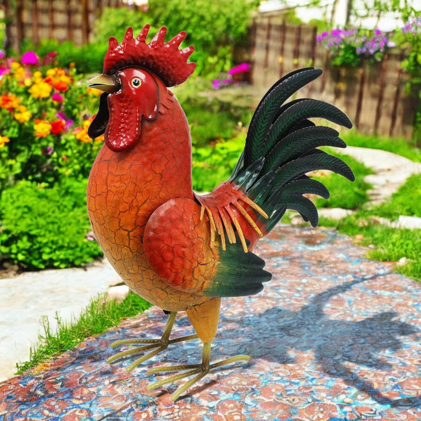 Large Metal Red Cockerel (44cm x 16cm x 36cm) – Handcrafted Rustic Rooster Garden Ornament  Farmyard Statue